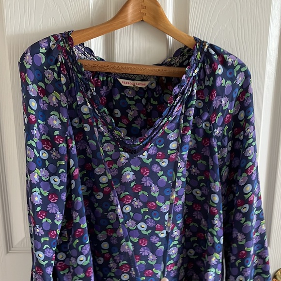 Rebecca Taylor 100% Silk Purple Floral Longsleeve V-Neck Size 6 - Picture 5 of 7